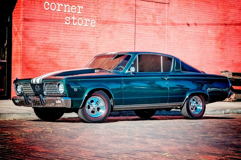 Green Classic Car — Dramatic, Afternoon, Photograph, Brick Wall