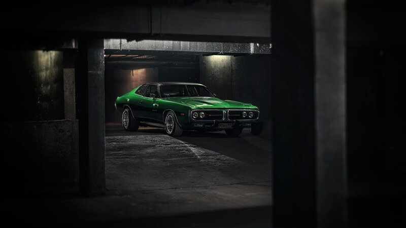Green Classic Car — Dramatic, Night, Photograph, Parking Garage