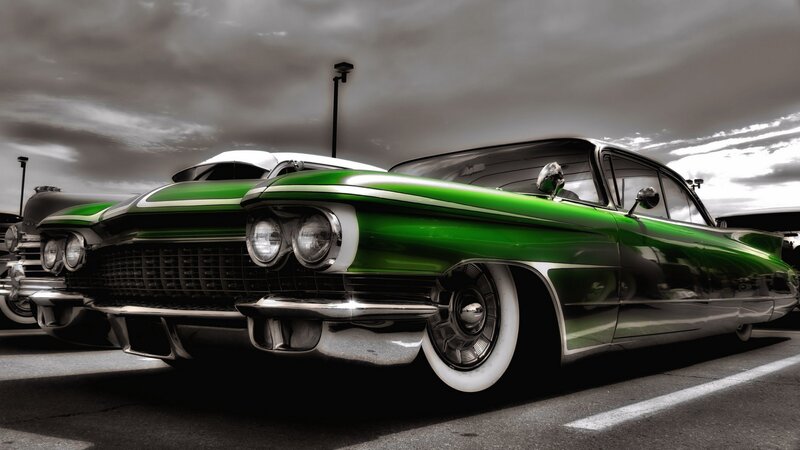 Green Classic Car — Dramatic, Photograph, Sky
