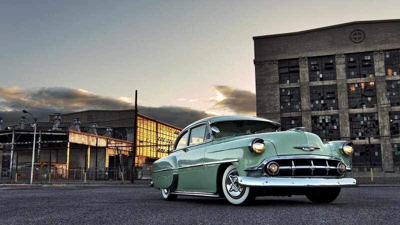Green Classic Car — Dramatic, Sunset, Photograph, Abandoned Buildings