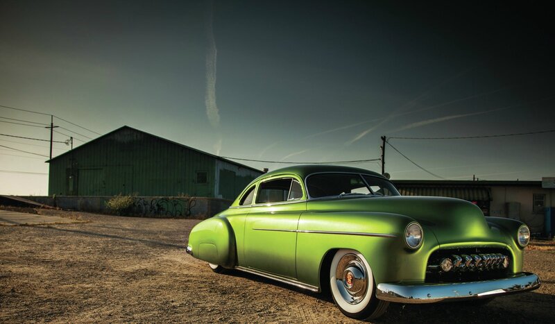 Green Classic Car — Dramatic, Sunset, Photograph, Barn