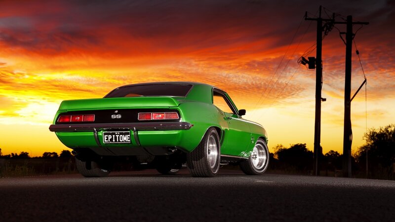 Green Classic Car — Dramatic, Sunset, Photograph, Power Lines