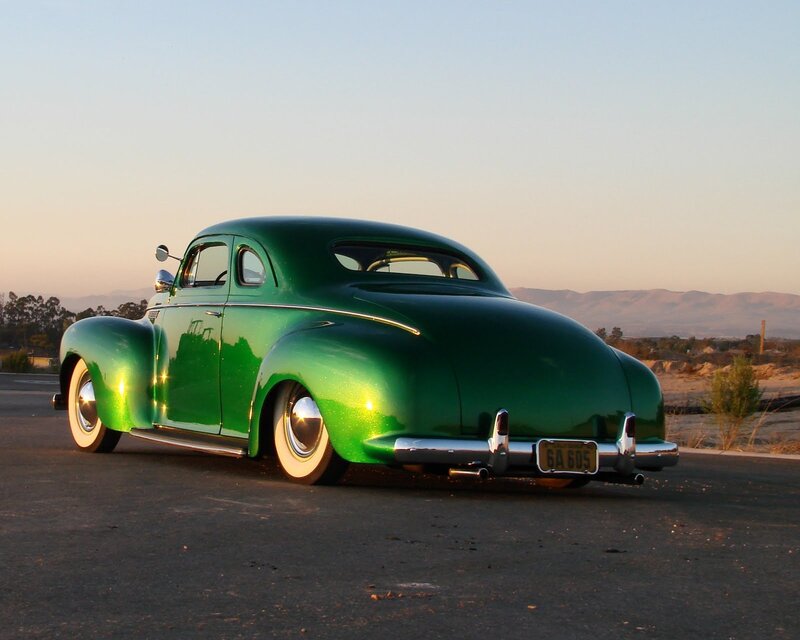 Green Classic Car — Serene, Sunset, Photograph, Mountains