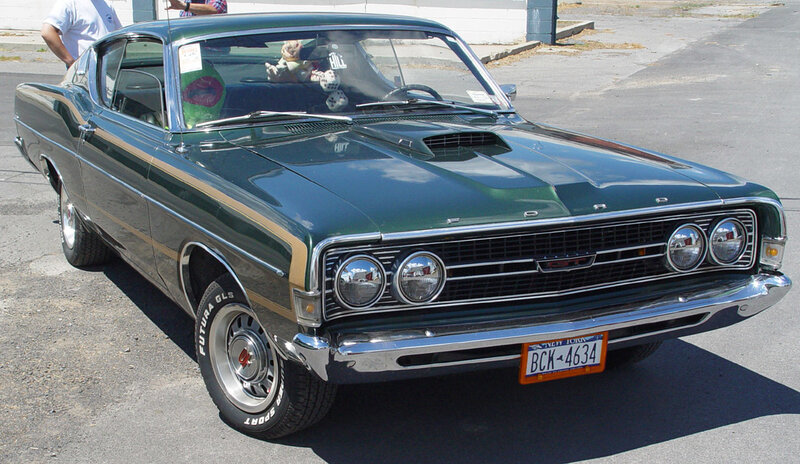 Green classic Ford muscle car