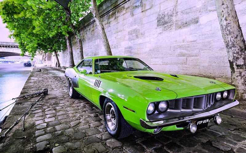 Green Classic Muscle Car — Lime Green, Calm, Afternoon, Photograph, Cobblestone Path