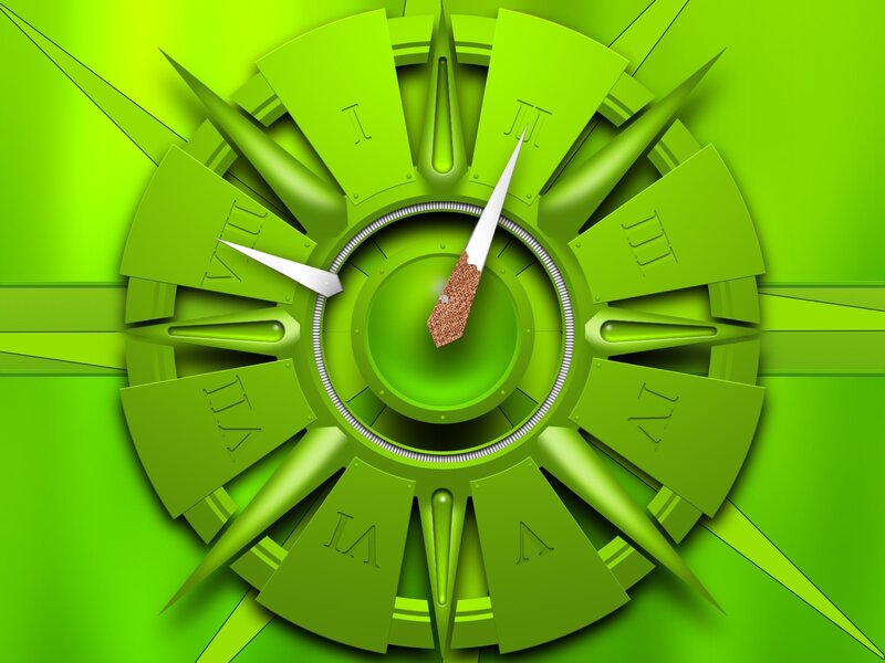 Green Clock with Roman Numerals — Vibrant, Digital Art