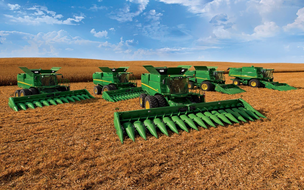 Green combines in a field