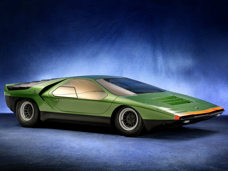 Green Concept Car — Dramatic, Photograph, Blue Background