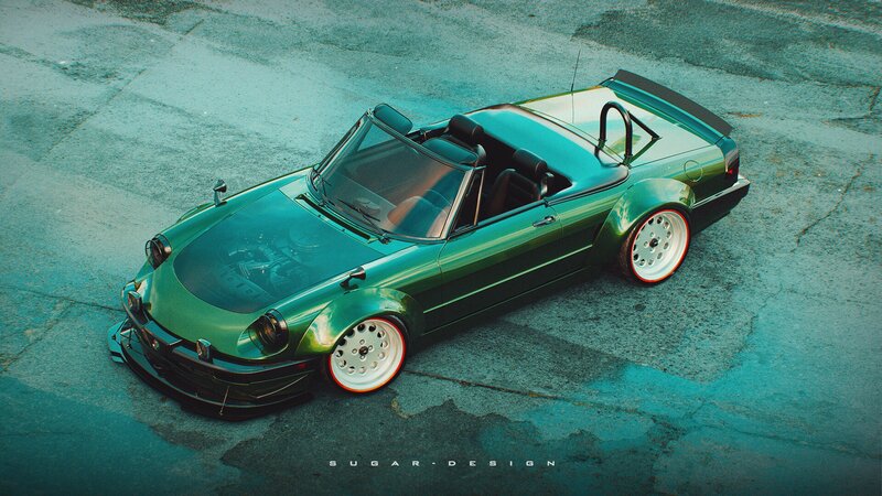 Green Convertible Car — Dramatic, Digital Art, Road