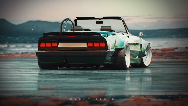 Green Convertible Car — Dramatic, Sunset