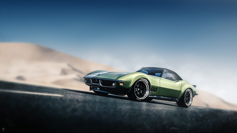 Green Corvette Car — Dramatic, Afternoon