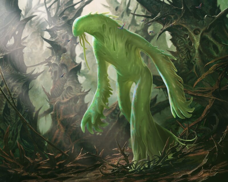 Green creature in a dark forest