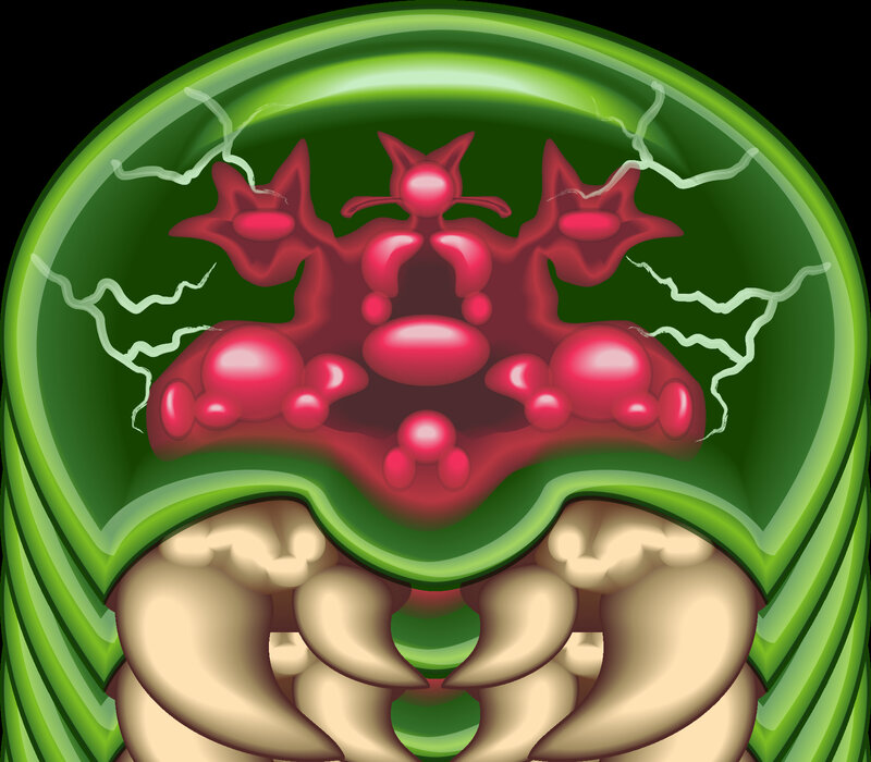 green creature with red core
