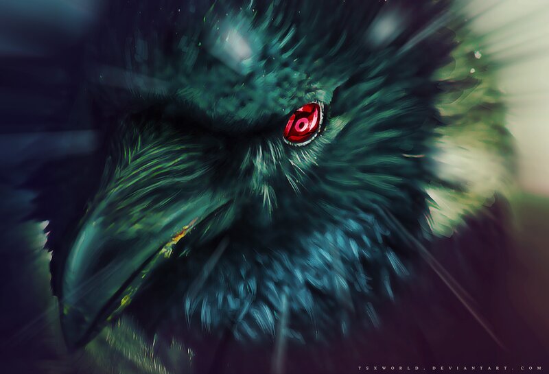 green crow with red eye