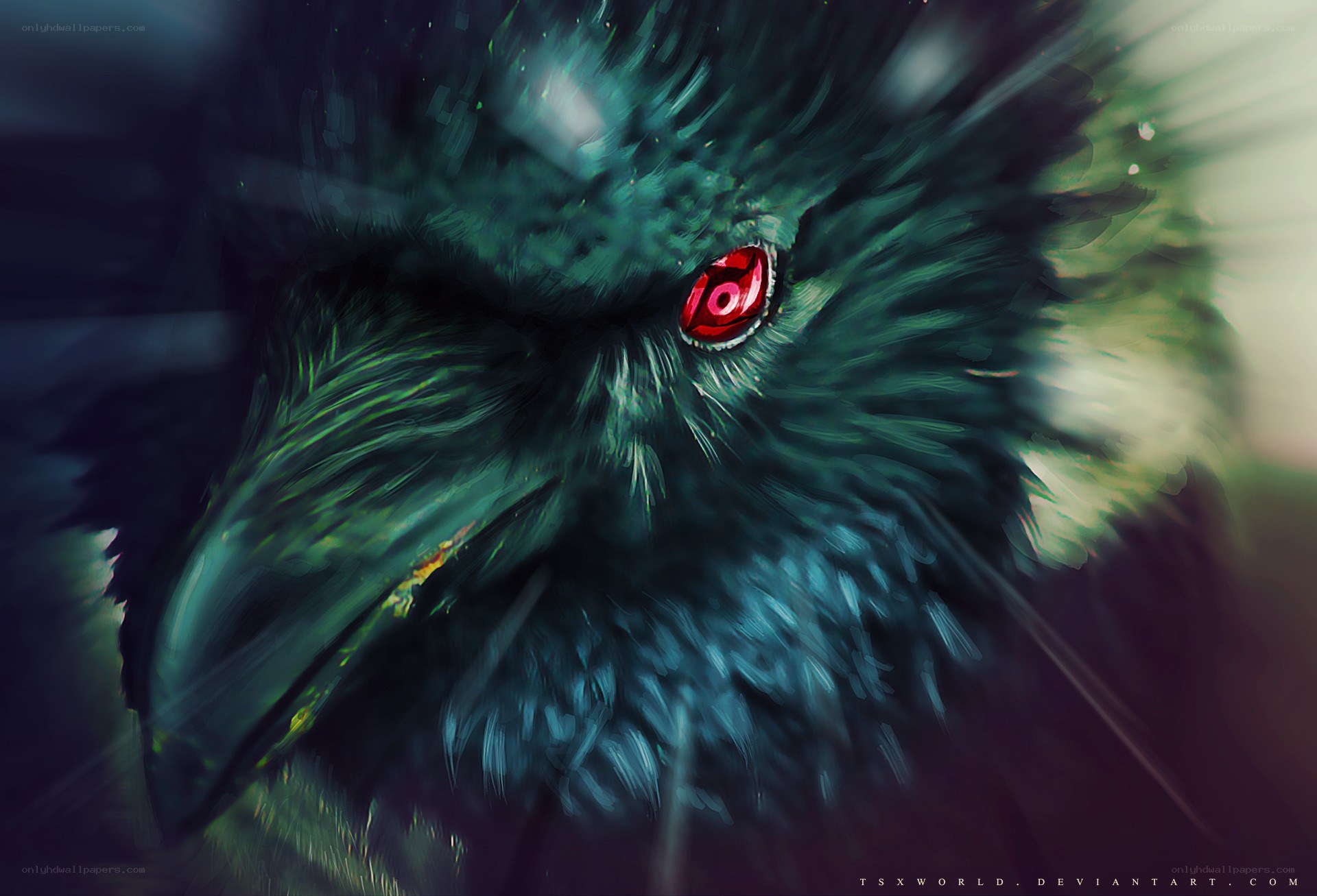 green crow with red eye