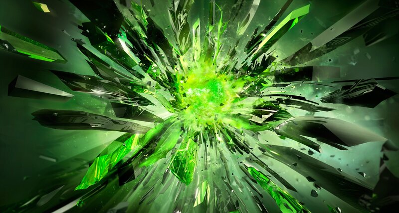 Green Crystal Explosion — Dramatic, Digital Art, Shards, Light
