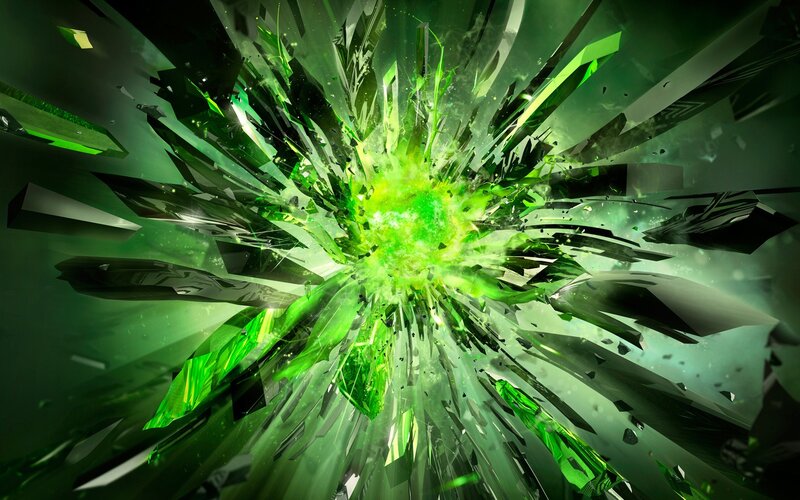 Green Crystal Explosion — Dramatic, Digital Art, Shards