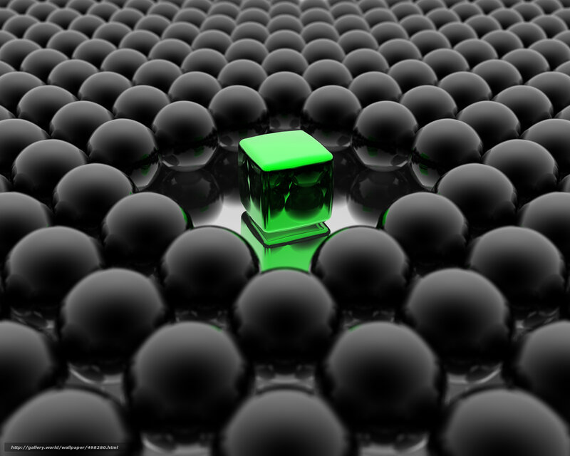 green cube among black spheres