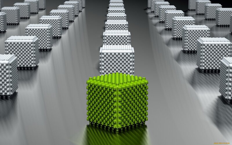 Green Cube Among White Cubes — Dramatic