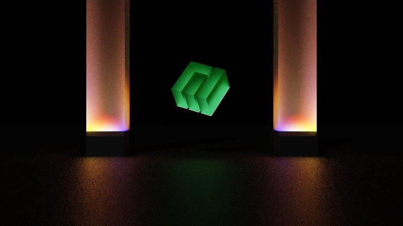 Green Cube Between Pillars