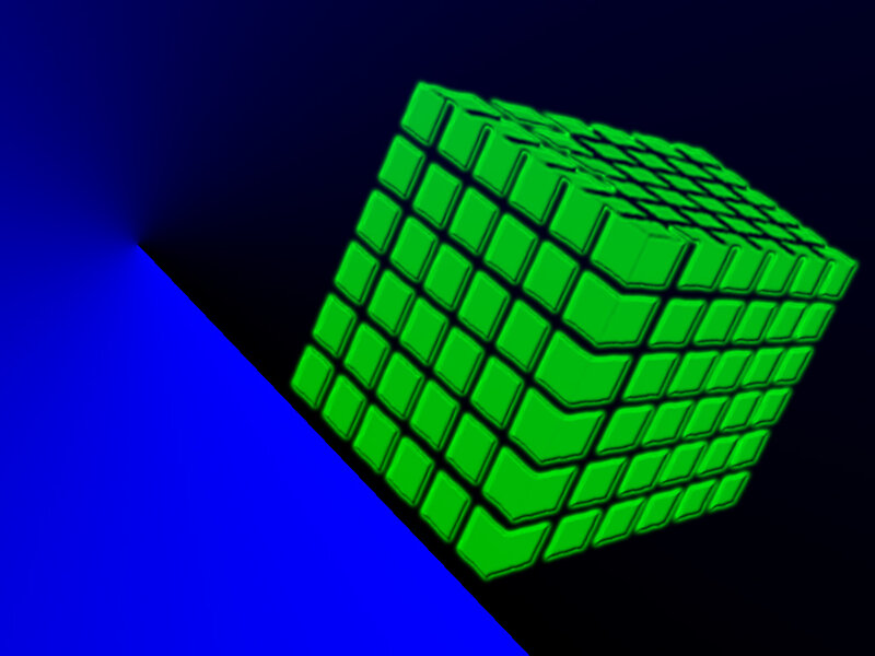 green cube on blue surface
