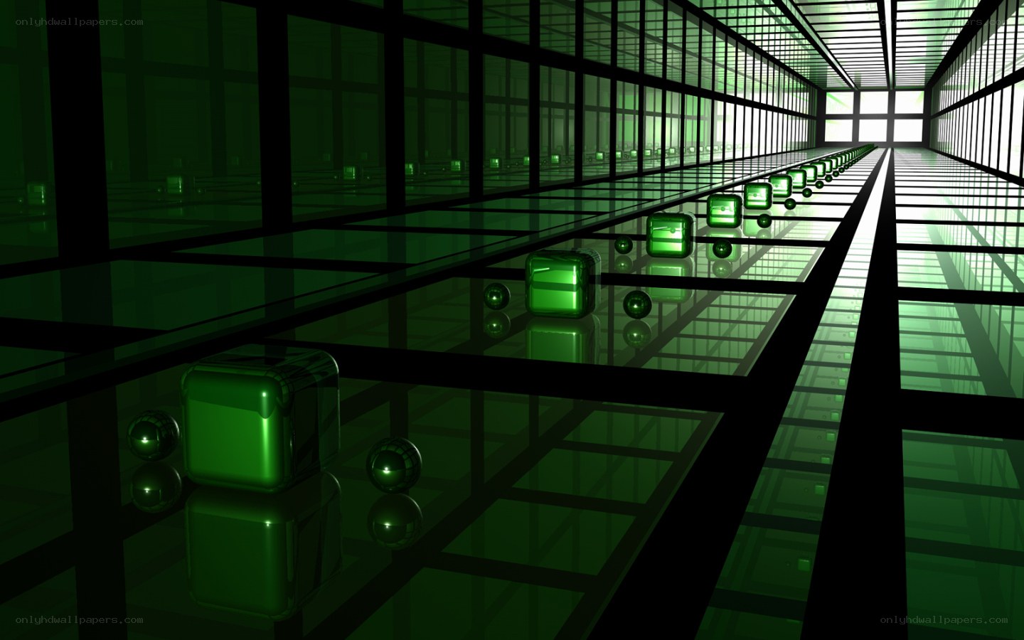 green cubes in a glass corridor