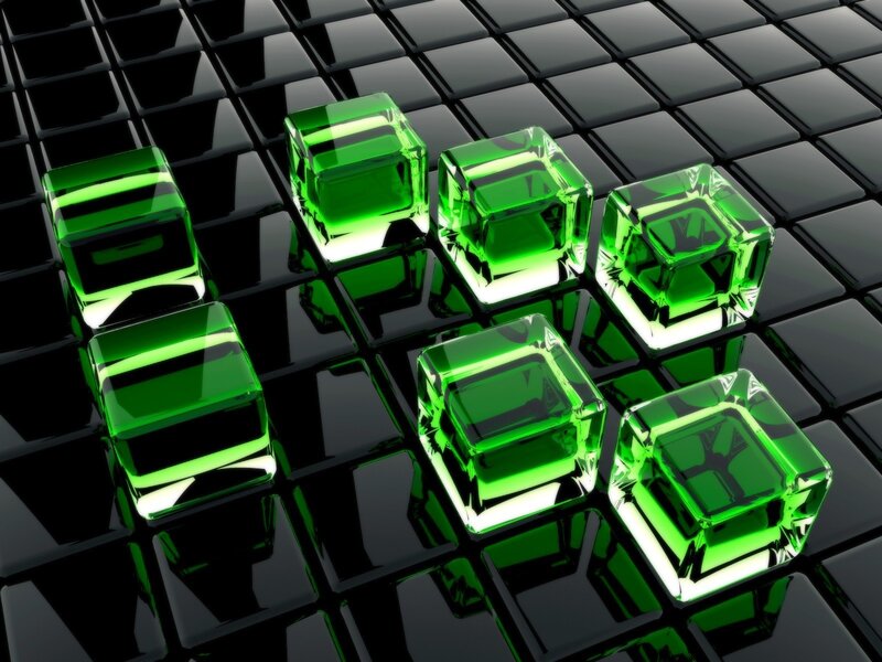 green cubes on black grid