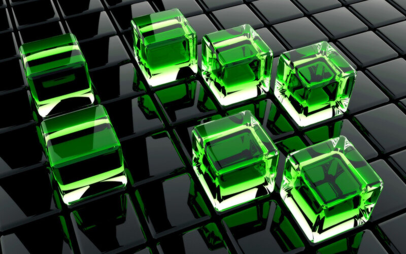 green cubes on black grid