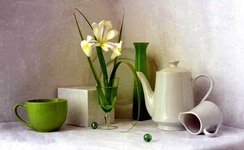 Green Cup and White Teapot