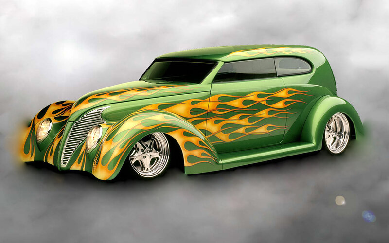 Green Custom Car — Dramatic, Digital Art, Flames