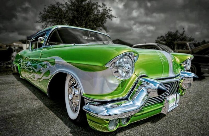 Green Custom Car — Dramatic, Photograph, Tree