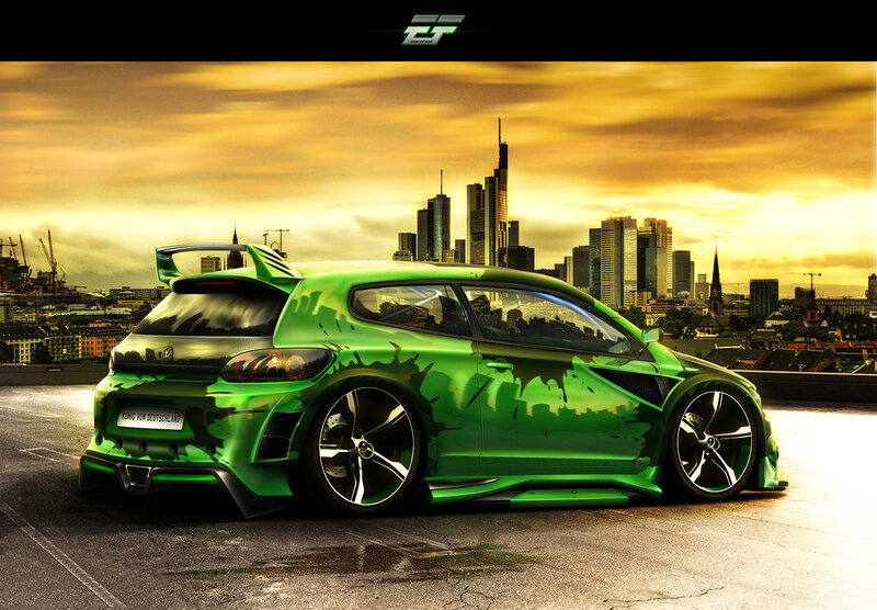 green custom car in city