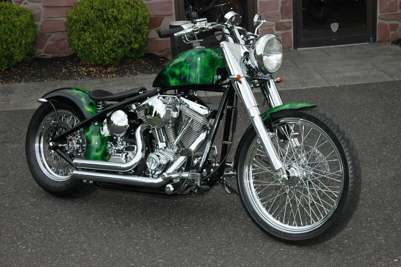 green custom chopper motorcycle