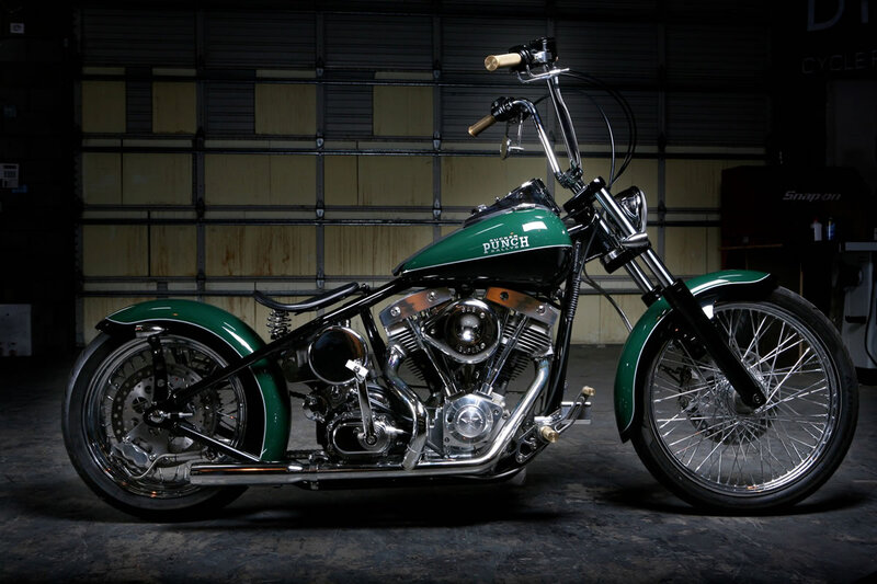 Green Custom Chopper Motorcycle — Dramatic, Photograph, Garage