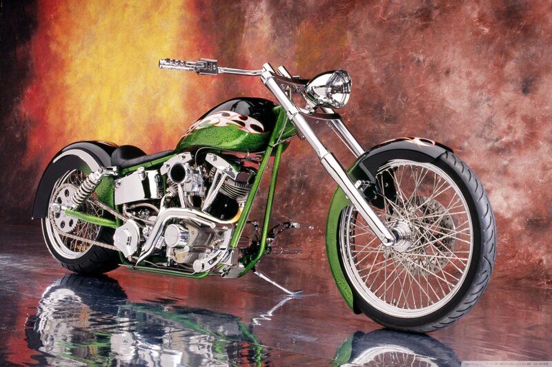 Green Custom Chopper Motorcycle — Dramatic, Photograph