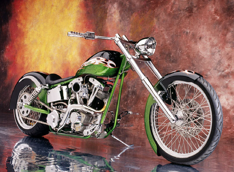 Green Custom Chopper Motorcycle — Dramatic