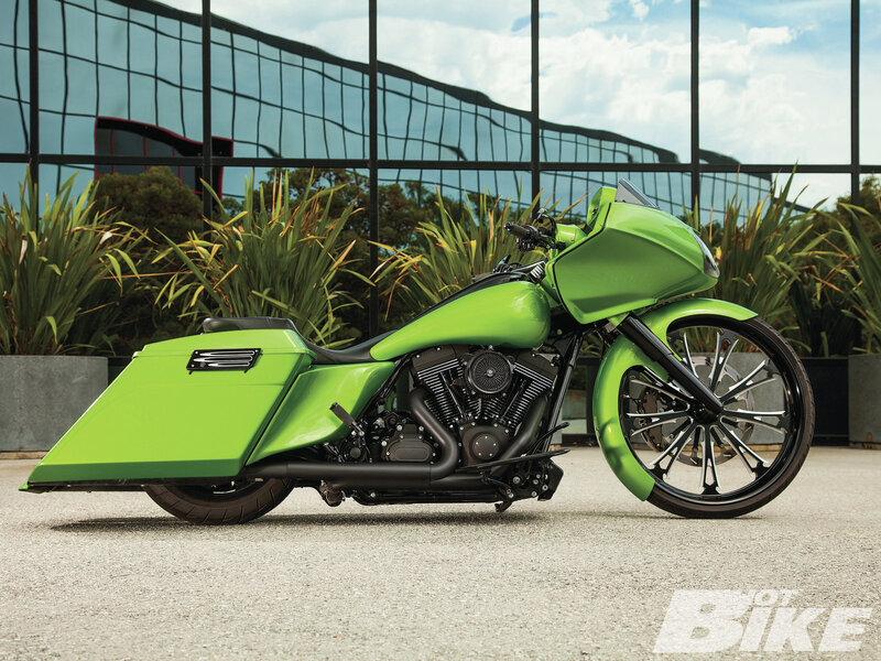 Green Custom Motorcycle — Calm, Afternoon, Photograph, Building