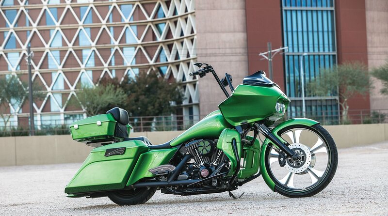 Green Custom Motorcycle — Calm, Afternoon, Photograph, Building, Trees