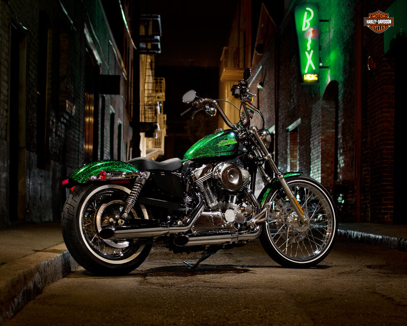 Green Custom Motorcycle — Dramatic, Night