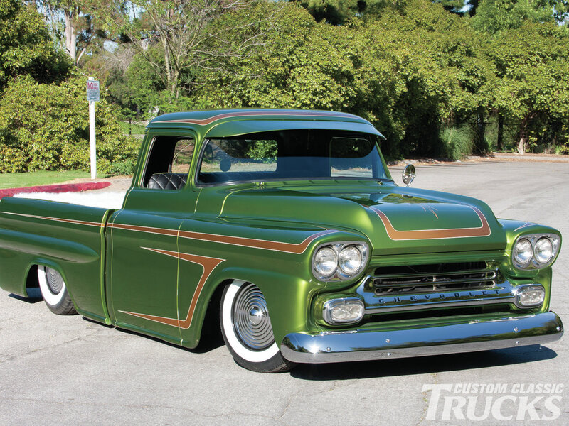 Green Custom Pickup Truck — Calm, Afternoon, Photograph, Trees