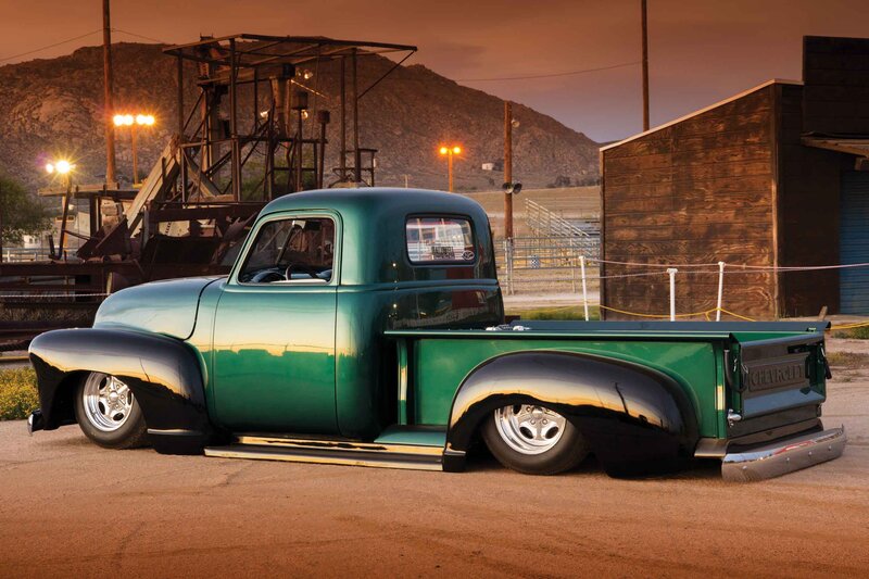 Green Custom Pickup Truck — Dramatic, Sunset