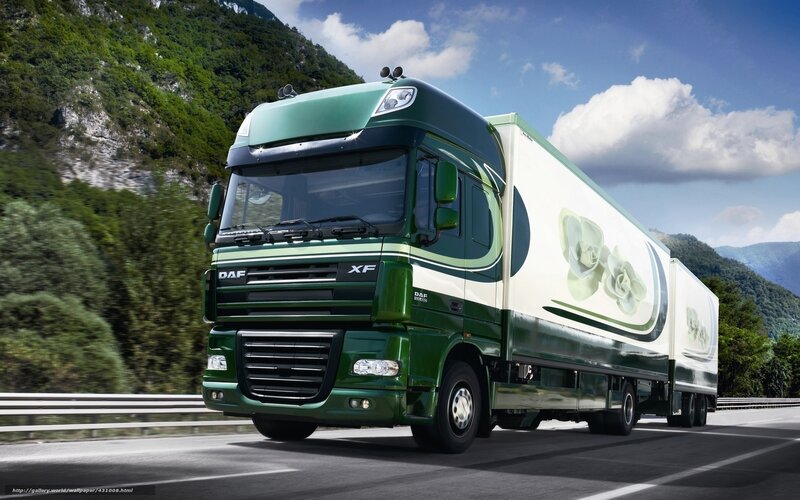 Green DAF XF truck on mountain road