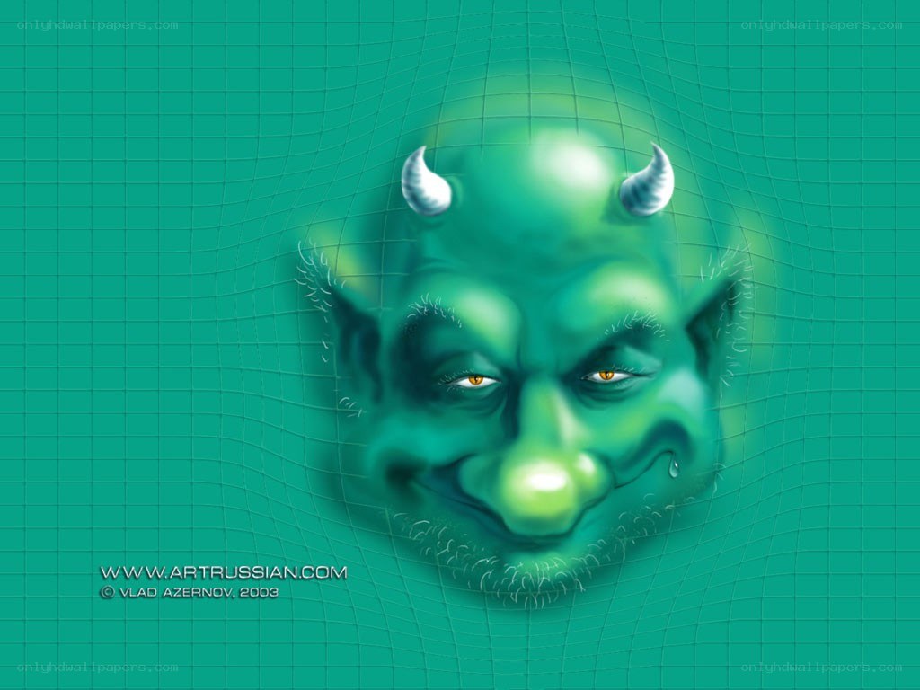 green demon face on grid