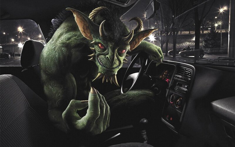 Green Demon in Car — Dramatic
