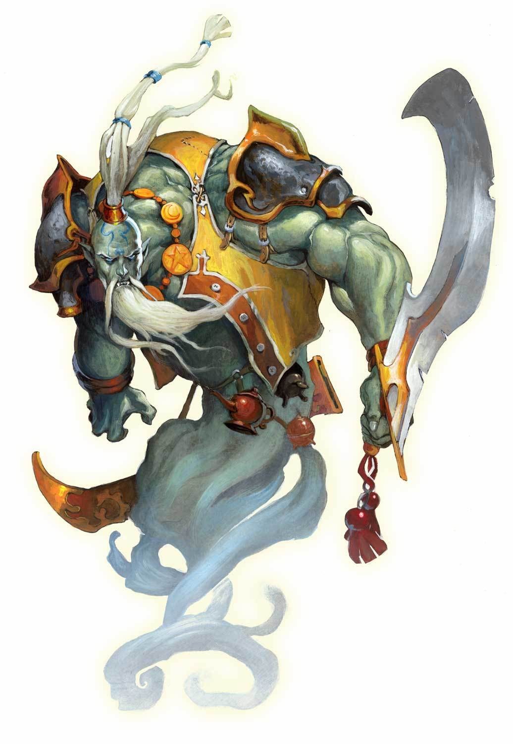 green demon warrior with scythe