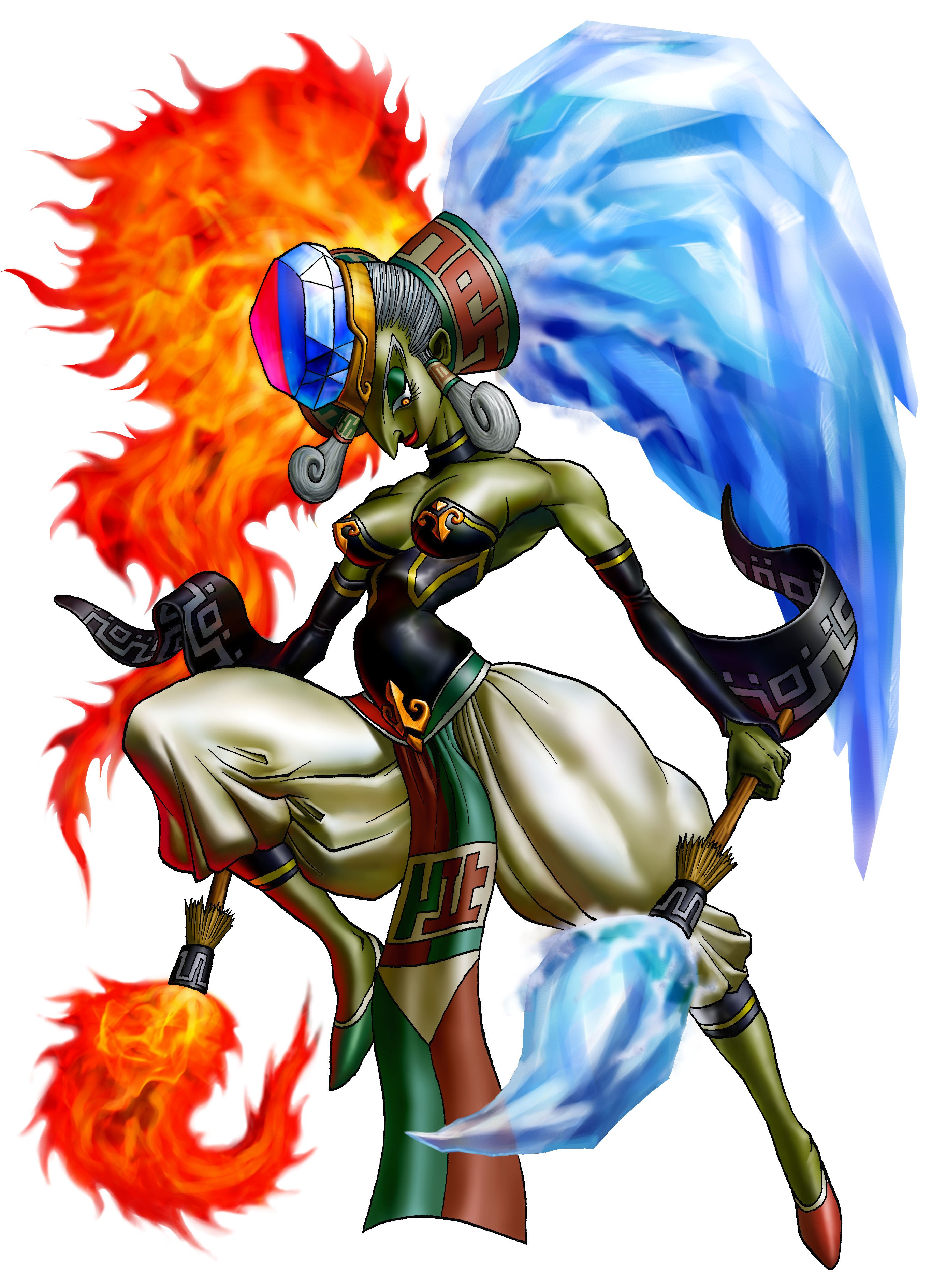 green demon with fire and ice magic