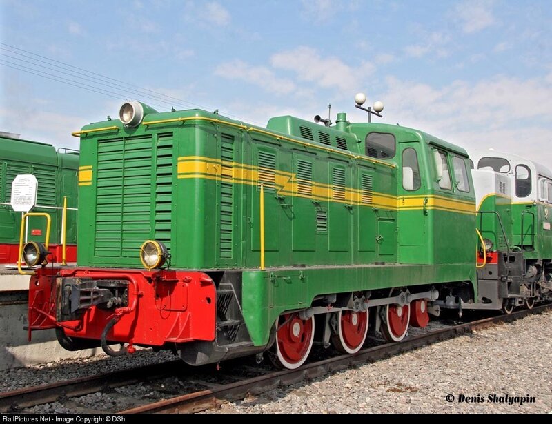 Green diesel locomotive on display