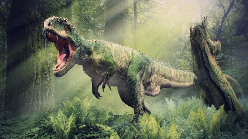 Green Dinosaur in Forest — Dramatic