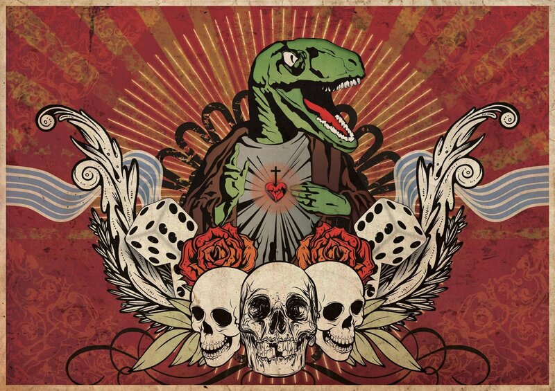 Green Dinosaur with Skulls