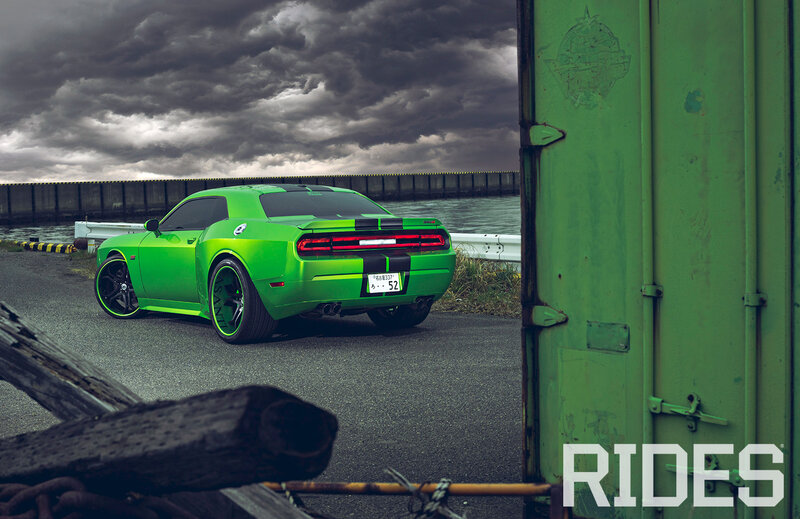 Green Dodge Challenger — Dramatic, Photograph, Car, Shipping Container